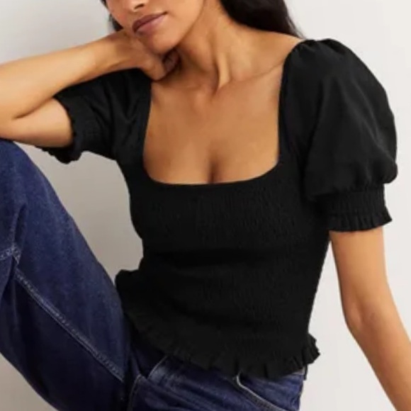 NEW Boden Puff Short Sleeve Square Neck black pullover semi fitted top blouse 8 - Picture 2 of 11